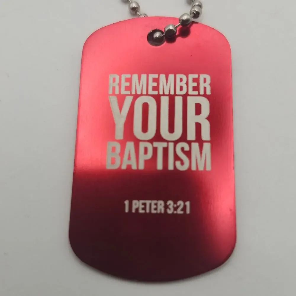 Remember Your Baptism 2pc Dog Tag Keychain Set 1 Peter 3:21 Christian Black Red